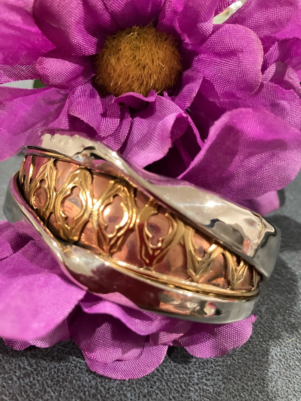 Gold and Silver Tone Mixed Metal Cuff Bracelet - Pink Accents